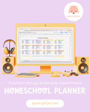 Load image into Gallery viewer, Homeschool planner on a computer screen with speakers and headphones on a purple background