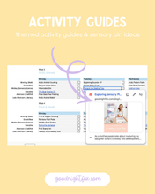 Load image into Gallery viewer, Activity guides and sensory bin ideas on a yellow background with 'goodnightfox.com' branding.