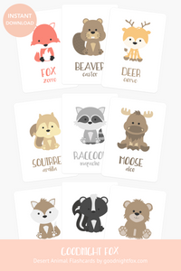 GoodnightFox Woodland Animal Flashcards with fox, beaver, deer, squirrel, raccoon, moose, and other woodland animals.
