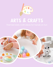 Load image into Gallery viewer, Promotional image for arts and crafts with children engaged in activities on a light purple background.
