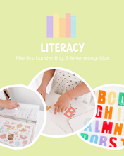 Load image into Gallery viewer, Educational materials for literacy with alphabet letters and children's hands on a green background