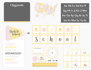 GoodnightFox Back to School Dramatic Play printable with classroom signs, schedule, alphabet and pretend school pieces.