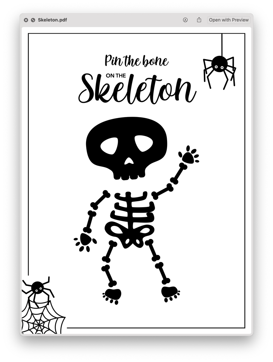 Pin the Bone on the Skeleton printable game preview