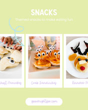 Load image into Gallery viewer, Collage of themed snacks including ghost pancakes, crab sandwiches, and reindeer pancakes on a green background with 'goodnightfox.com' branding.
