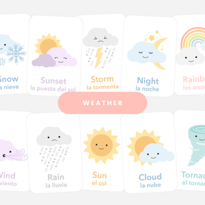 GoodnightFox Weather Flashcards with rainbow, sun, rain, snow, and storm cards.